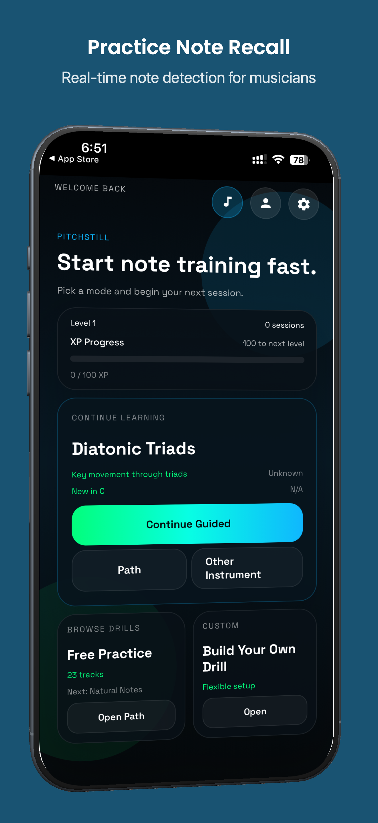 PitchStill app screenshot showing the main app experience